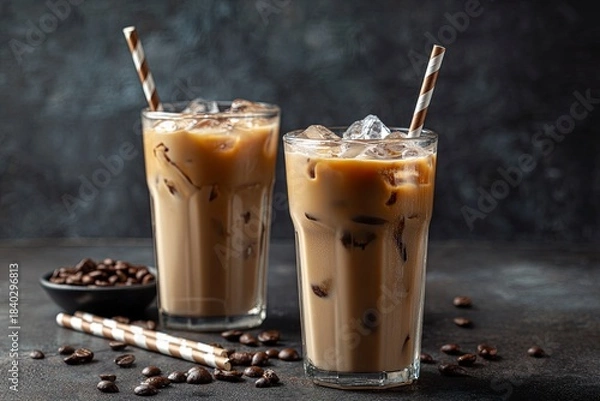 Fototapeta two glasses of iced coffee with cream on a dark background, with coffee beans and straws nearby. flat lay style, side view. stock photo contest winner, stock photo, photography. 