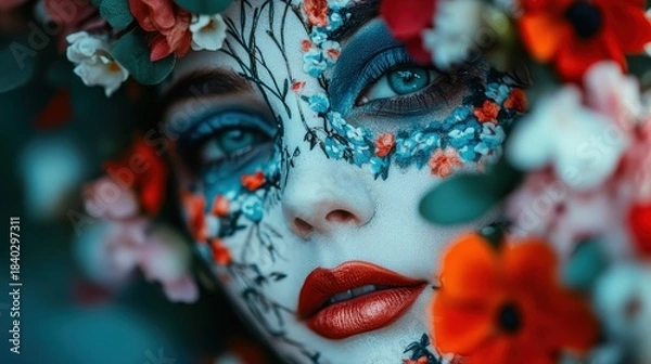 Obraz This striking close-up features a model with intricate face paint and floral accents, creating a stunning visual narrative of art, beauty, and creative expression.