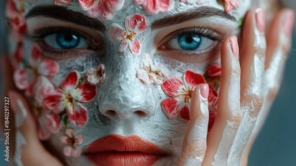 Obraz A mesmerizing portrait of a woman with floral designs and a clay mask, blending beauty and nature in a surreal aesthetic that captivates the viewer's attention.