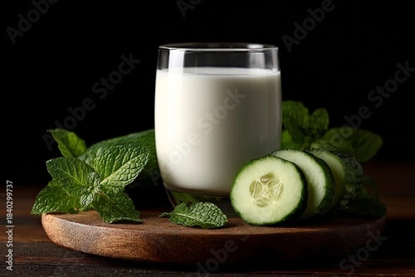 Fototapeta food photography of white, sweet, and sour milk with cucumber and mint on a wooden board, against a black background, in side view. --ar 3:2 --v 7 Job ID: aed89b8d-c73d-46ce-88e9-bb19c4a1970a