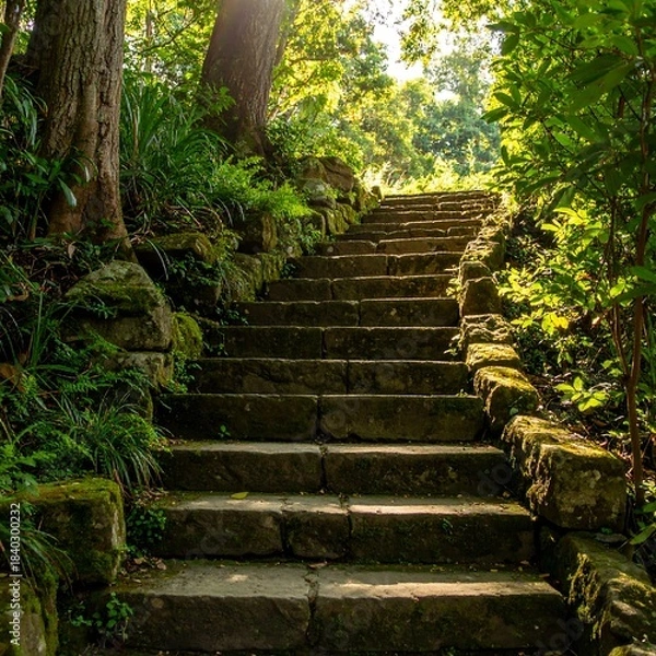 Obraz Sun-drenched stone steps through a lush garden