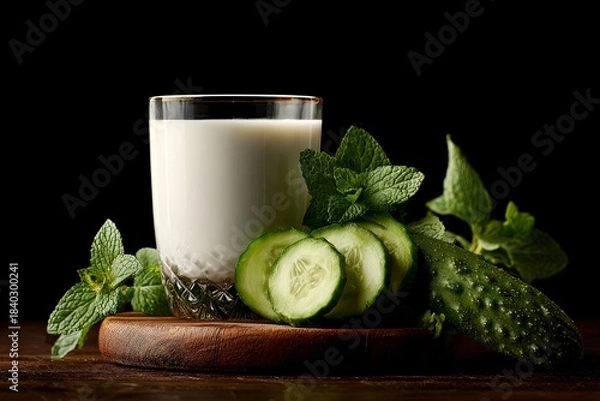 Fototapeta food photography of white, sweet, and sour milk with cucumber and mint on a wooden board, against a black background, in side view. --ar 3:2 --v 7 Job ID: aed89b8d-c73d-46ce-88e9-bb19c4a1970a