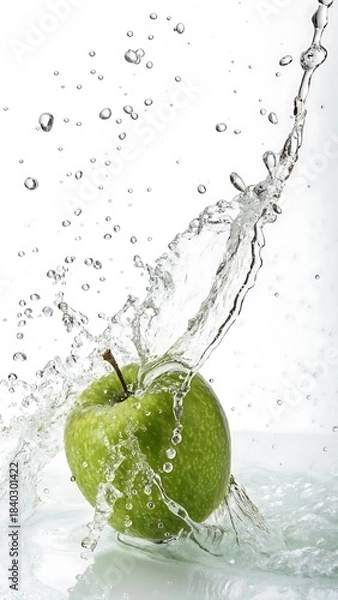Fototapeta Vibrant green apple getting a refreshing splash of pure water
