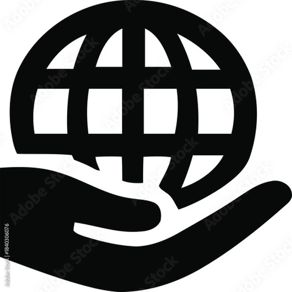 Fototapeta This graphic depicts a stylized hand gently holding a globe, symbolizing global care and responsibility. The black silhouette design conveys a message of stewardship and protection of the Earth, makin