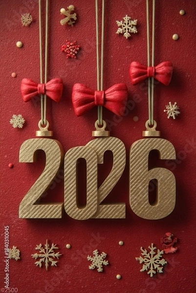 Fototapeta Gold 2026 hanging ornaments with red bows on festive red background for New Year