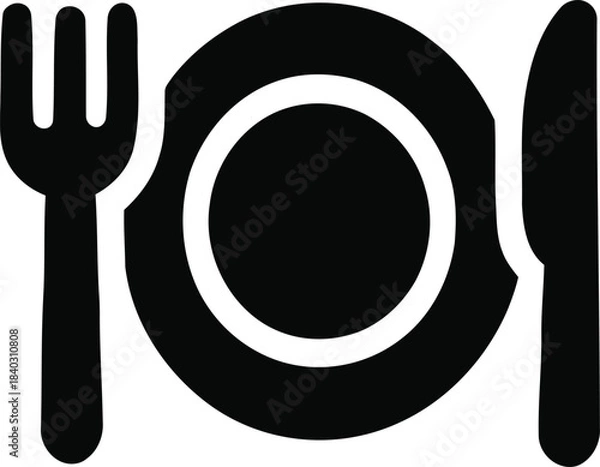 Fototapeta This graphic features a minimalist design of a plate, fork, and knife, symbolizing dining and culinary experiences. The black silhouette style represents elegance and simplicity, making it suitable fo