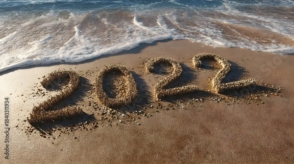Fototapeta Happy new year 2022 written on beach