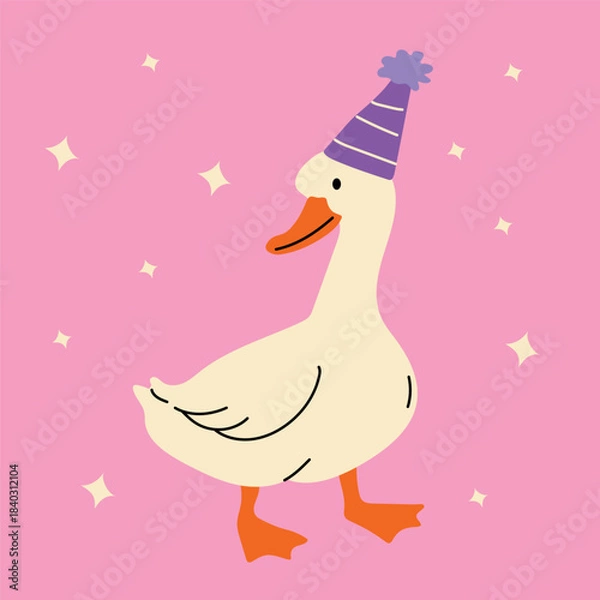 Fototapeta Cute duck with a purple party hat and sparkling stars