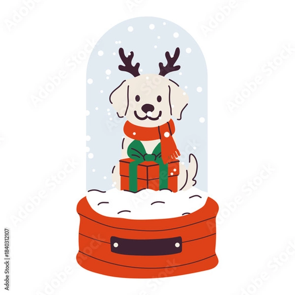 Fototapeta Cute dog in a snow globe with reindeer antlers and a scarf