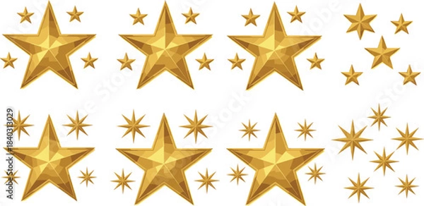 Fototapeta Realistic Golden Polygonal Stars Set: Geometric Shape Elements for Decoration and Rating