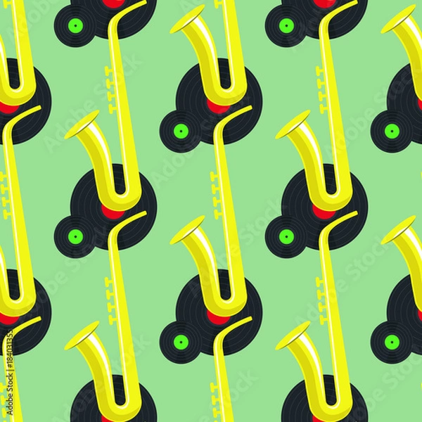 Obraz Saxophone and two vinyl discs seamless pattern