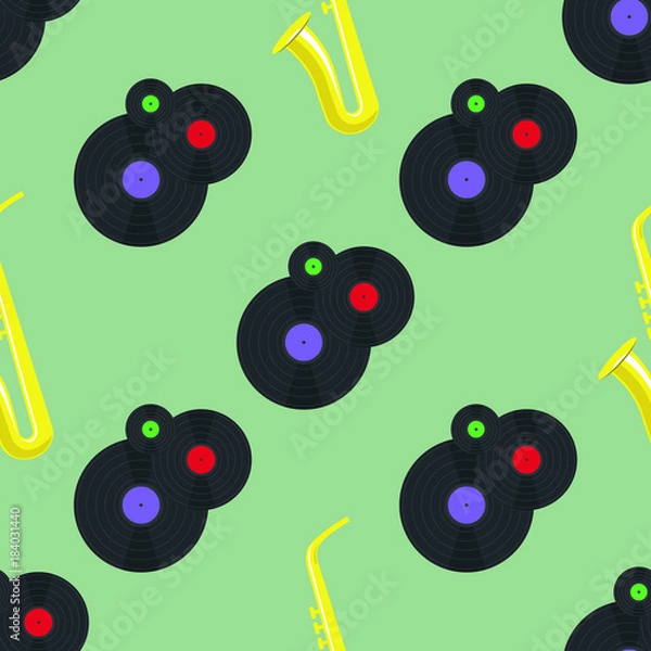 Obraz Saxophone and three vinyl discs seamless pattern