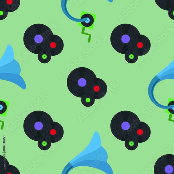 Obraz Gramophone and three vinyl discs seamless pattern