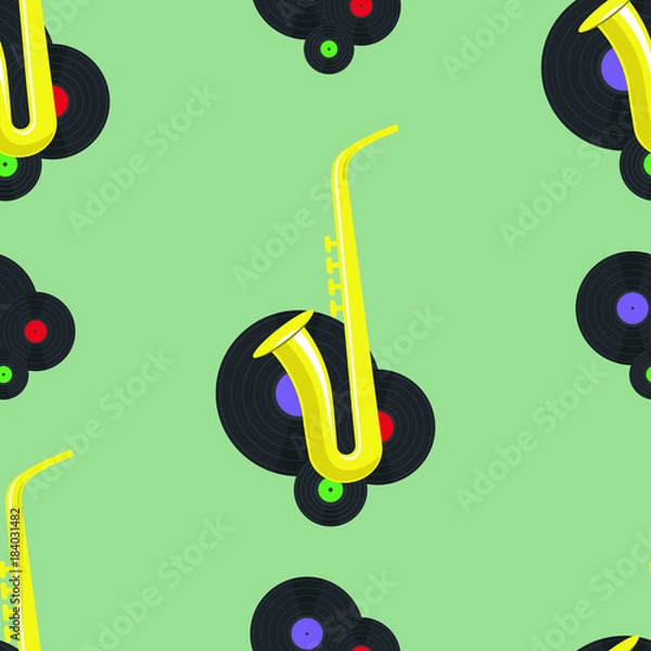 Obraz Saxophone and three vinyl discs seamless pattern