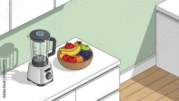 Fototapeta Isometric view of a kitchen counter with a blender and a bowl of fresh fruit, illustrating healthy eating and modern kitchen appliances.
