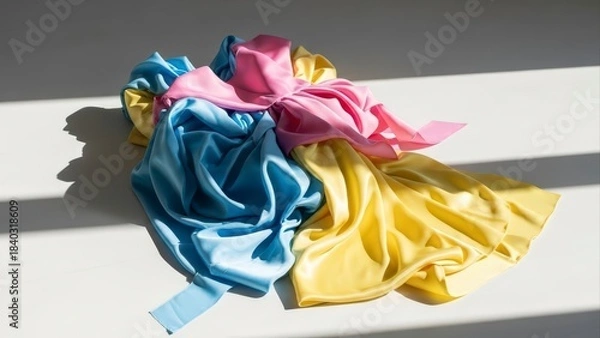 Fototapeta Colorful Silky Fabric Draped on White Surface with Sunlight and Shadows.