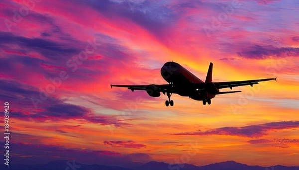 Fototapeta A silhouette of an airplane ascending against a fiery sky at dusk