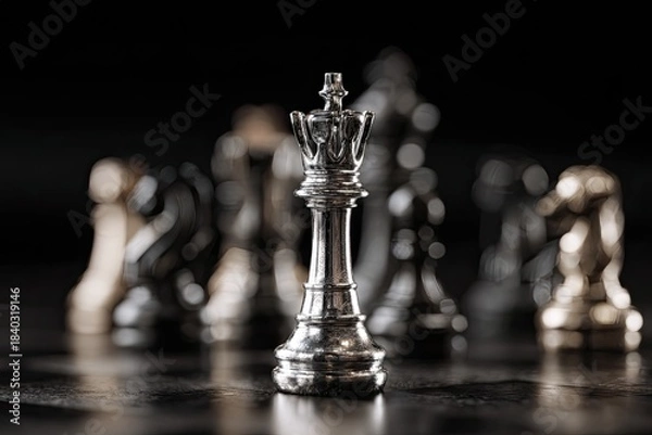 Fototapeta A regal silver king chess piece stands at the forefront, with other pieces blurred behind