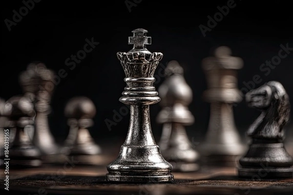 Fototapeta A metallic king chess piece in focus, flanked by other pieces, dark backdrop