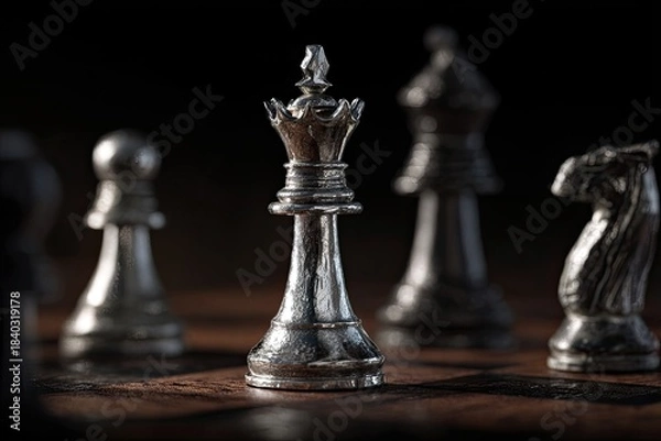Fototapeta Close-up view of chess pieces, emphasizing the silver king, on a detailed wooden board