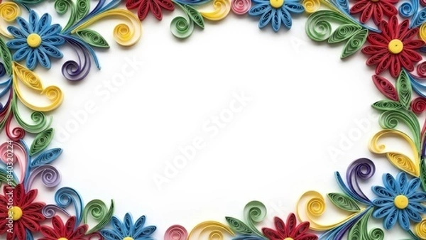 Fototapeta Vibrant Quilling Paper Art Frame with Colorful Flowers and Swirls on White Background.