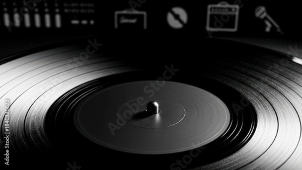 Fototapeta Close-up of a vintage vinyl record on a turntable in a dimly lit room, evoking a nostalgic and classic music experience.