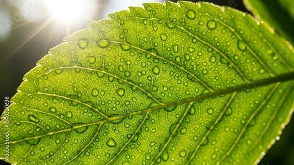 Fototapeta Close-up of a vibrant green leaf adorned with glistening water droplets, illuminated by a soft sun flare.