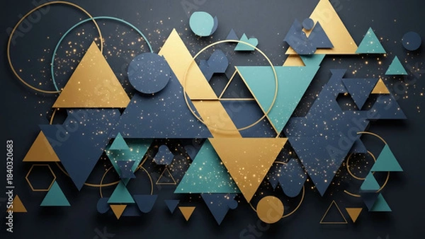 Obraz Abstract geometric composition with layered golden teal and dark blue triangles circles and hexagons featuring glitter accents for modern design backgrounds
