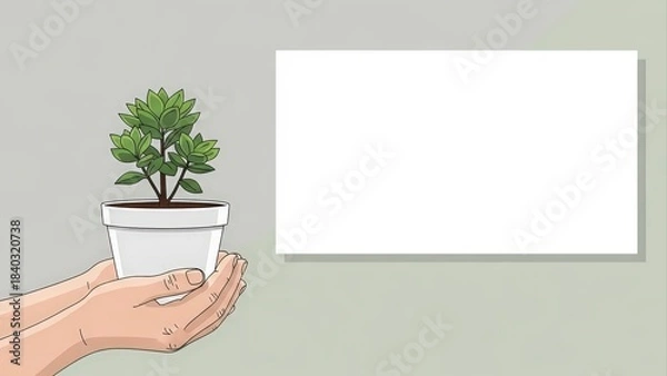 Fototapeta Hands holding a small potted plant next to a blank white rectangular frame, symbolizing growth and new beginnings.