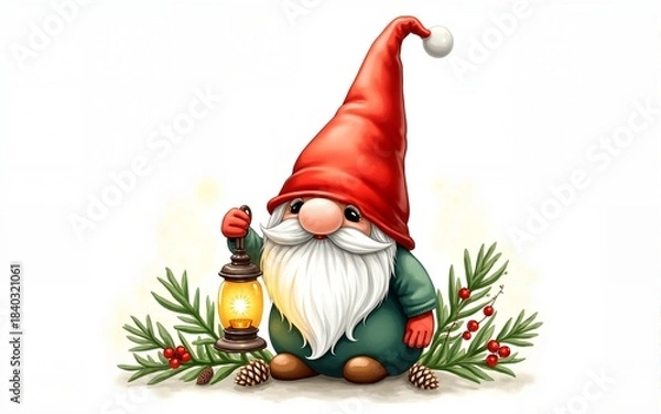 Fototapeta Christmas gnome with lantern, fir branches, cones and holly berries and leaves. Hand drawn watercolor isolated illustration fairytale character for New year greeting card, festive package and design.