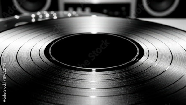 Fototapeta Close-up of a vinyl record on a turntable, showcasing its grooves and reflective surface in black and white.