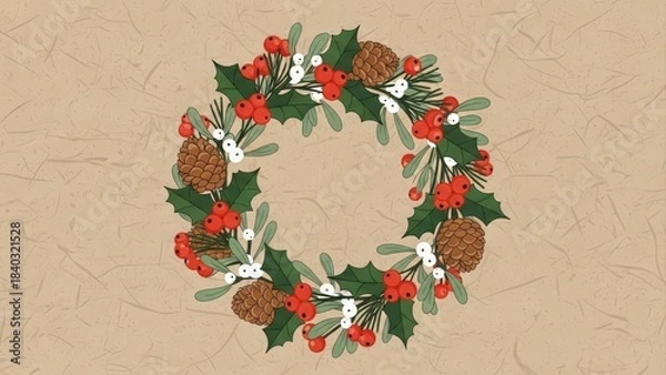 Fototapeta Christmas Wreath with Pinecones and Berries on a Rustic Background.