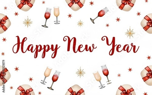 Fototapeta Happy New Year and Merry Christmas seamless pattern with wine glasses, gifts. Winter holiday 2026. hand drawn watercolor illustration on isolated background.  Happy December, January. High quality