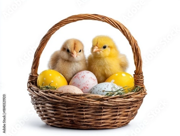 Fototapeta Wicker basket with painted eggs and cute chicks isolated on white background, Happy Easter
