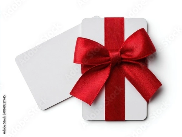 Fototapeta Blank cards with red ribbon and bow isolated on white background, top view