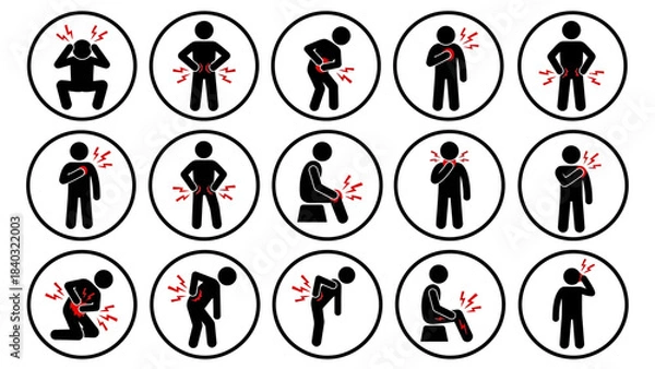 Fototapeta Body Pain Icons – Silhouette Figures with Red Indicators Showing Head, Neck, Back, Chest, Joint, and Limb Discomfort for Medical Reference