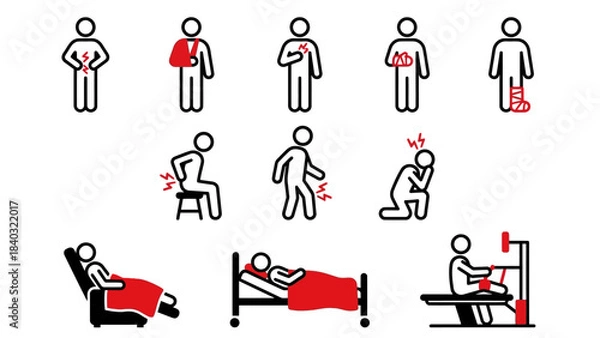 Fototapeta Body Pain Illustrations – Visual Icons of Common Injuries Including Headache, Chest, Joint, Muscle, and Postural Discomfort for Medical and Educational Use