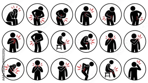 Fototapeta Body Pain Icons – Silhouette Figures with Red Indicators Showing Head, Neck, Back, Chest, Joint, and Limb Discomfort for Medical Reference