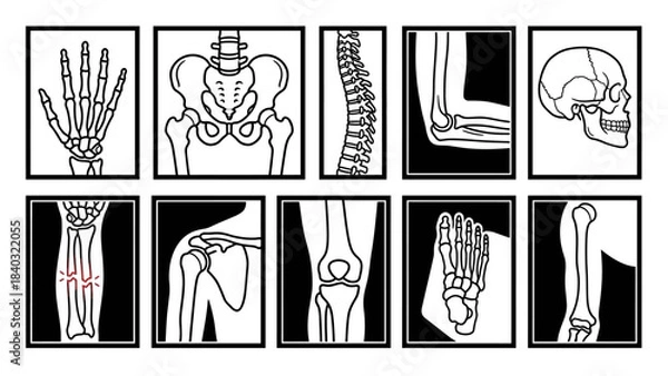 Fototapeta Human Skeletal System Diagram – Labeled Illustrations of Skull, Spine, Joints, Limbs, and Fracture for Medical, Educational, and Orthopedic Reference