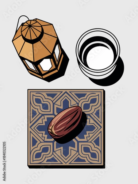 Obraz Ramadan Iftar Setup with Lantern, Date, and Glass on Patterned Plate