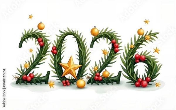 Fototapeta Watercolor number 2026 decorated with fir branches, red berries, golden stars and ornaments, festive detailed christmas typography illustration. High quality