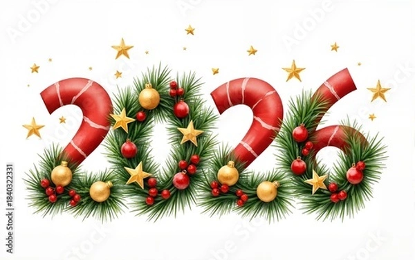 Fototapeta Watercolor number 2026 decorated with fir branches, red berries, golden stars and ornaments, festive detailed christmas typography illustration. High quality