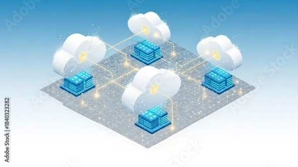 Fototapeta Cloud Computing Network with Servers and Data Centers Isometric Illustration.