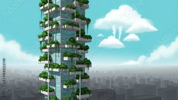 Fototapeta Modern Green Skyscraper with Lush Vertical Gardens Against a Blue Sky.
