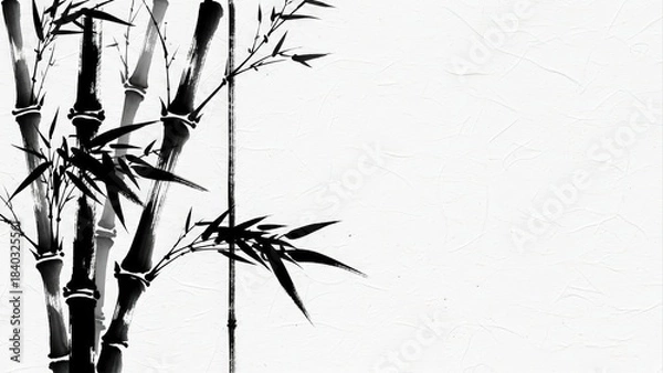 Fototapeta Minimalist Black and White Bamboo Stalks and Leaves on a Clean Background.