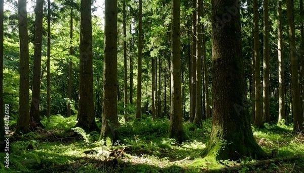 Obraz Sunlight filtering through a dense forest (1)