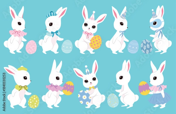 Fototapeta Cute white Easter bunnies, color clothes, cutie bows, pattern eggs. Spring collection. Sticker design. Set of Easter themed images including easter eggs, pretty rabbits. Happy Easter. Greeting cards