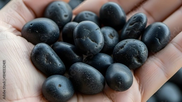 Obraz Close up of hand holding smooth black stones against blurred background