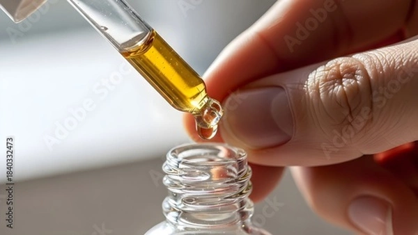Obraz Close up of hand with dropper dispensing liquid into glass bottle