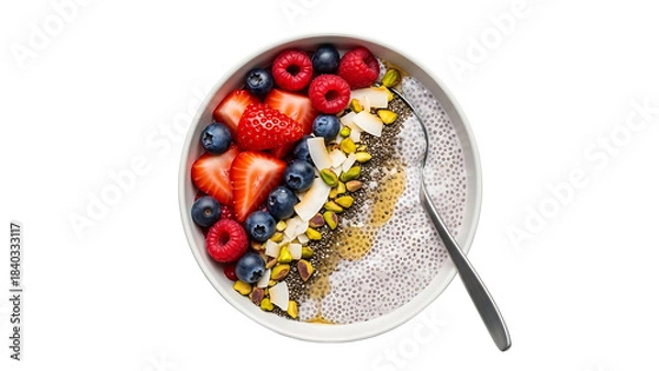 Obraz Healthy breakfast smoothie bowl with fresh berries, fruits and topping on a bowl with a spoon isolated on a transparent background